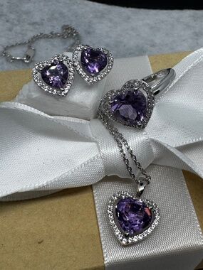925 Sterling Silver Heart Purple Amethyst CZ Ring Necklace Earrings Jewelry Set
